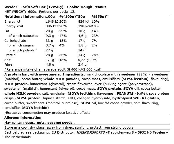 WEIDER - JOE'S SOFT BAR - COOKIE-DOUGH PEANUT - 12 X 50 G