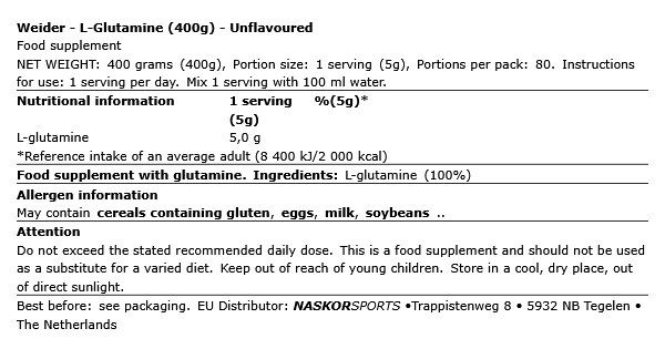WEIDER - L-GLUTAMINE - ÍZESÍTETLEN - 400 G WEIDER - L-GLUTAMINE - ÍZESÍTETLEN - 400 G