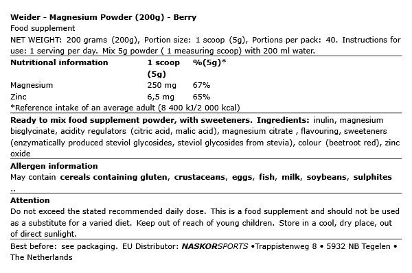 WEIDER - MAGNESIUM POWDER - BERRY - 200 G WEIDER - MAGNESIUM POWDER - BERRY - 200 G