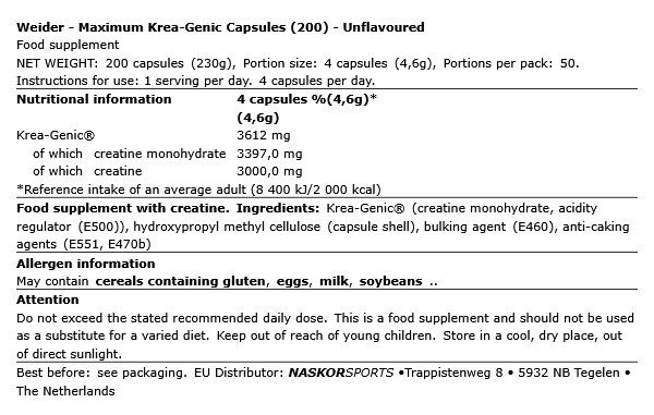 WEIDER - MAXIMUM KREA-GENIC CAPSULES - 200 KAPSZULA WEIDER - MAXIMUM KREA-GENIC CAPSULES - 200 KAPSZULA