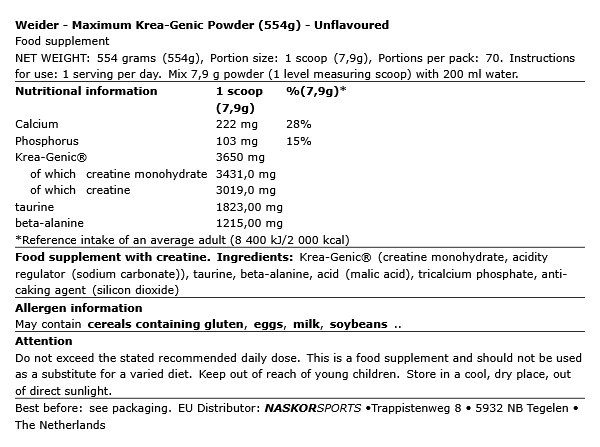 WEIDER - MAXIMUM KREA-GENIC POWDER - ÍZESÍTETLEN - 554 G WEIDER - MAXIMUM KREA-GENIC POWDER - ÍZESÍTETLEN - 554 G