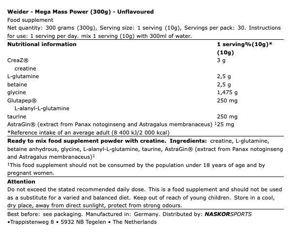 WEIDER - MEGA MASS POWER - ÍZESÍTETLEN - 300 G