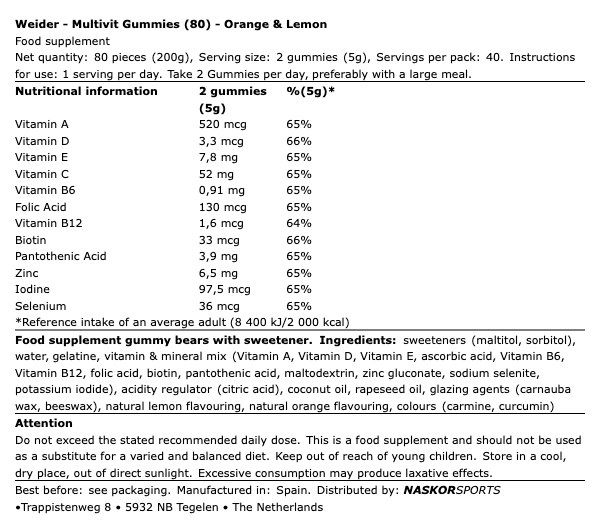 WEIDER - MULTIVIT GUMMIES - ORANGE & LEMON - 80 DB