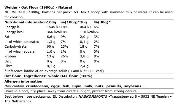 WEIDER - OAT FLOUR - ÍZESÍTETLEN - 1900 G