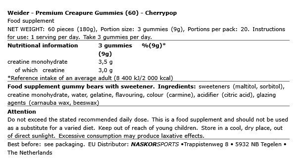 WEIDER - PREMIUM CREAPURE GUMMIES - CHERRYPOP - 60 DB WEIDER - PREMIUM CREAPURE GUMMIES - CHERRYPOP - 60 DB