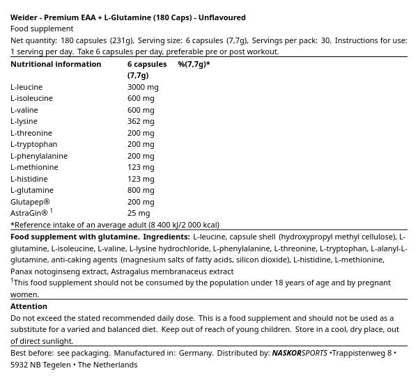 WEIDER - PREMIUM EAA + L-GLUTAMINE - 180 KAPSZULA WEIDER - PREMIUM EAA + L-GLUTAMINE - 180 KAPSZULA