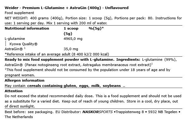 WEIDER - PREMIUM L-GLUTAMINE + ASTRAGIN - ÍZESÍTETLEN - 400 G