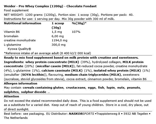 WEIDER - PRO WHEY COMPLEX - CHOCOLATE FONDANT - 1200 G WEIDER - PRO WHEY COMPLEX - CHOCOLATE FONDANT - 1200 G