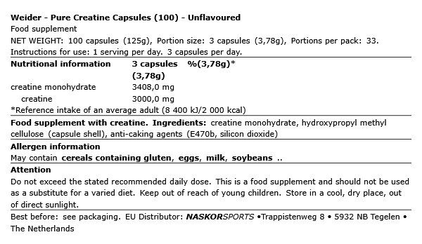 WEIDER - PURE CREATINE CAPSULES - 100 KAPSZULA