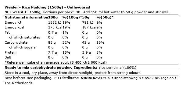 WEIDER - RICE PUDDING - ÍZESÍTETLEN - 1500 G