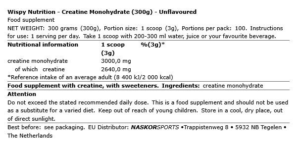 WISPY NUTRITION - CREATINE MONOHYDRATE - 300 G WISPY NUTRITION - CREATINE MONOHYDRATE - 300 G
