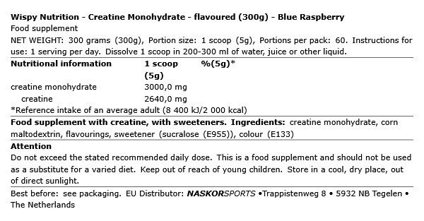 WISPY NUTRITION - CREATINE MONOHYDRATE - FLAVOURED - 300 G