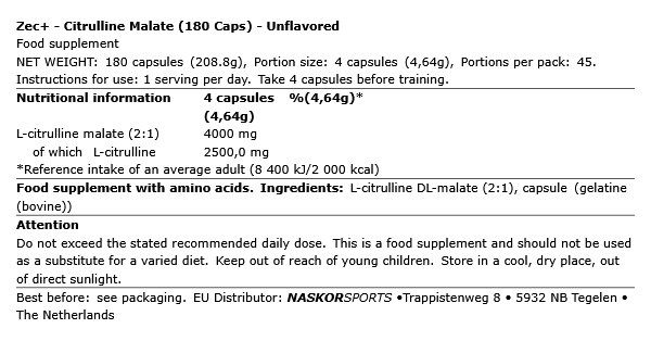 ZEC+ - CITRULLINE MALATE - 180 KAPSZULA ZEC+ - CITRULLINE MALATE - 180 KAPSZULA