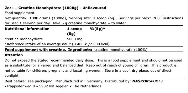 ZEC+ - CREATINE MONOHYDRATE - ÍZESÍTETLEN - 1000 G ZEC+ - CREATINE MONOHYDRATE - ÍZESÍTETLEN - 1000 G