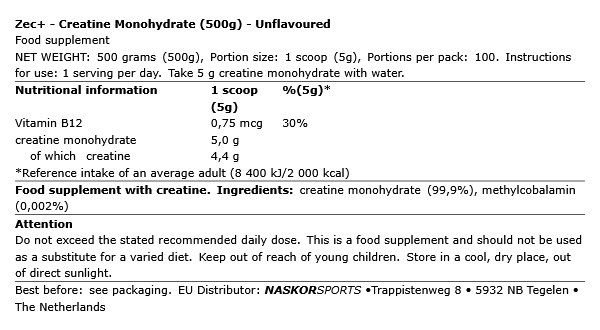 ZEC+ - CREATINE MONOHYDRATE - ÍZESÍTETLEN - 500 G ZEC+ - CREATINE MONOHYDRATE - ÍZESÍTETLEN - 500 G