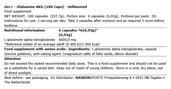 ZEC+ - GLUTAMINE AKG - 180 KAPSZULA ZEC+ - GLUTAMINE AKG - 180 KAPSZULA