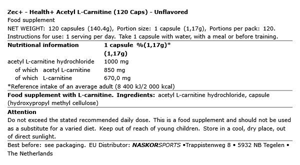 ZEC+ - HEALTH+ ACETYL L-CARNITINE - 120 KAPSZULA