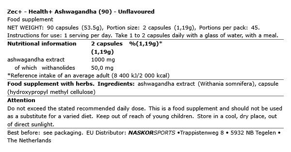 ZEC+ - HEALTH+ ASHWAGANDHA - 90 KAPSZULA