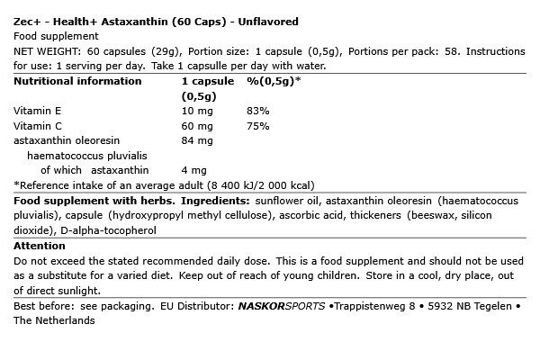 ZEC+ - HEALTH+ ASTAXANTHIN - 60 KAPSZULA
