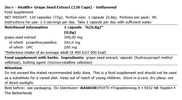 ZEC+ - HEALTH+ GRAPE SEED EXTRACT - 120 KAPSZULA
