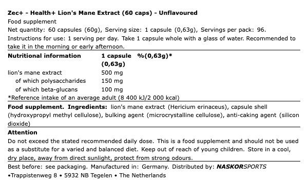 ZEC+ - HEALTH+ LION'S MANE EXTRACT - 60 KAPSZULA