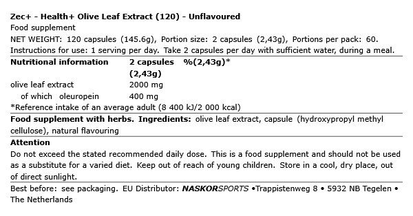 ZEC+ - HEALTH+ OLIVE LEAF EXTRACT - 120 KAPSZULA ZEC+ - HEALTH+ OLIVE LEAF EXTRACT - 120 KAPSZULA