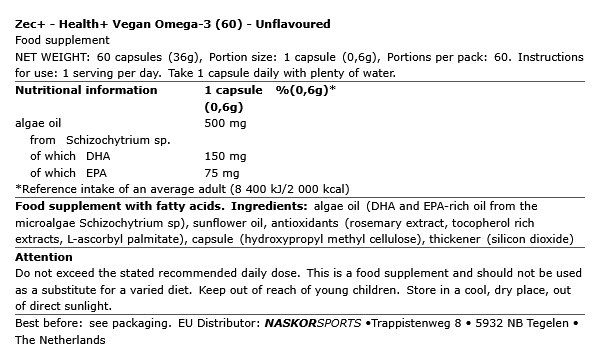 ZEC+ - HEALTH+ VEGAN OMEGA-3 - 60 KAPSZULA