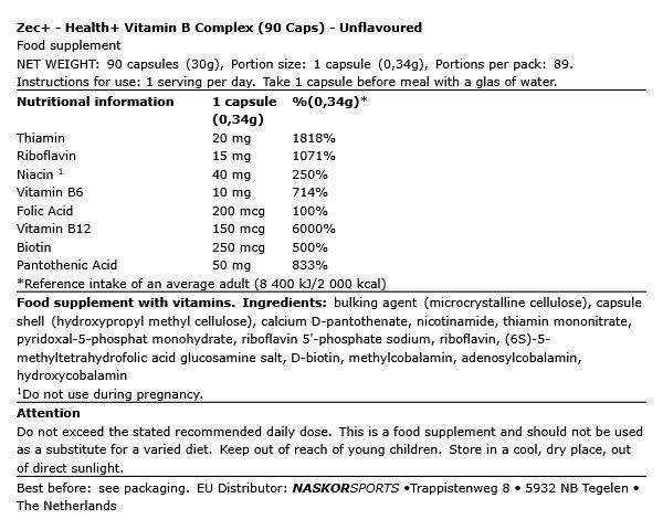 ZEC+ - HEALTH+ VITAMIN B COMPLEX - 90 KAPSZULA ZEC+ - HEALTH+ VITAMIN B COMPLEX - 90 KAPSZULA
