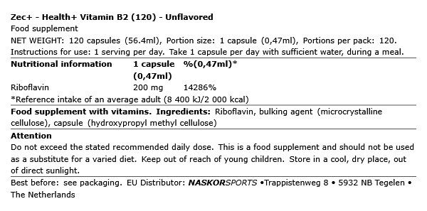 ZEC+ - HEALTH+ VITAMIN B2 - 120 KAPSZULA
