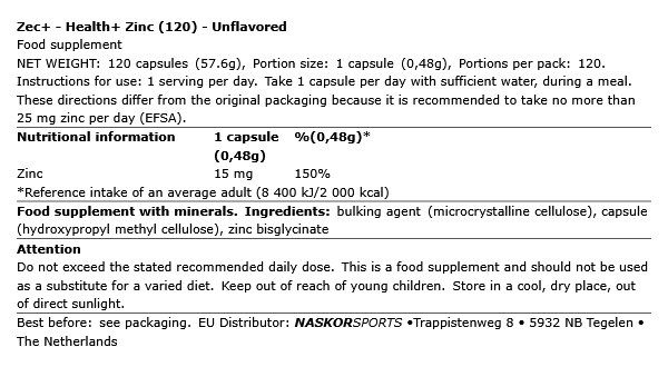 ZEC+ - HEALTH+ ZINC - 120 KAPSZULA