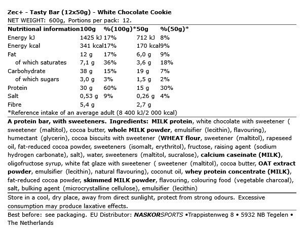 ZEC+ - TASTY BAR - WHITE CHOCOLATE COOKIE - 12 X 50 G