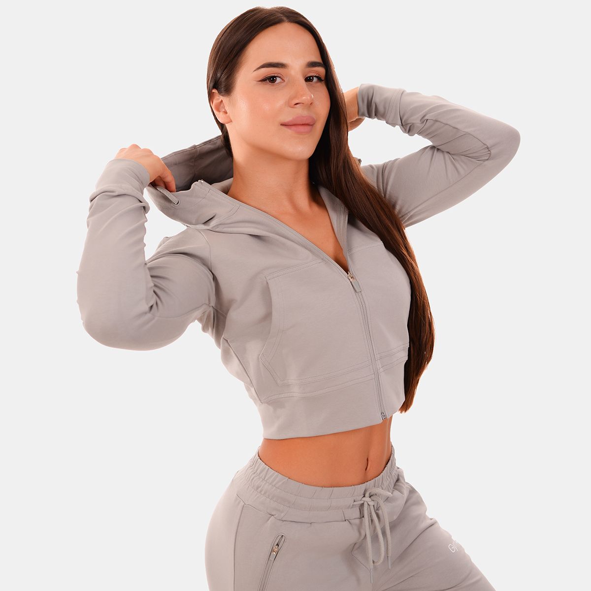 GYMBEAM - TRN NŐI KAPUCNIS PULÓVER - SZÜRKE